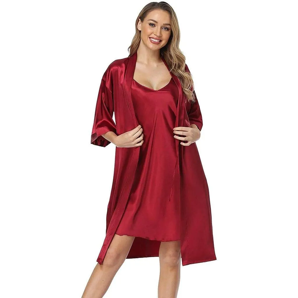 Womens Luxury Solid Silk Nightgown And Robe Set Half Sleeves 100%  Silk Sleepwear Bathrobe With Nightgown