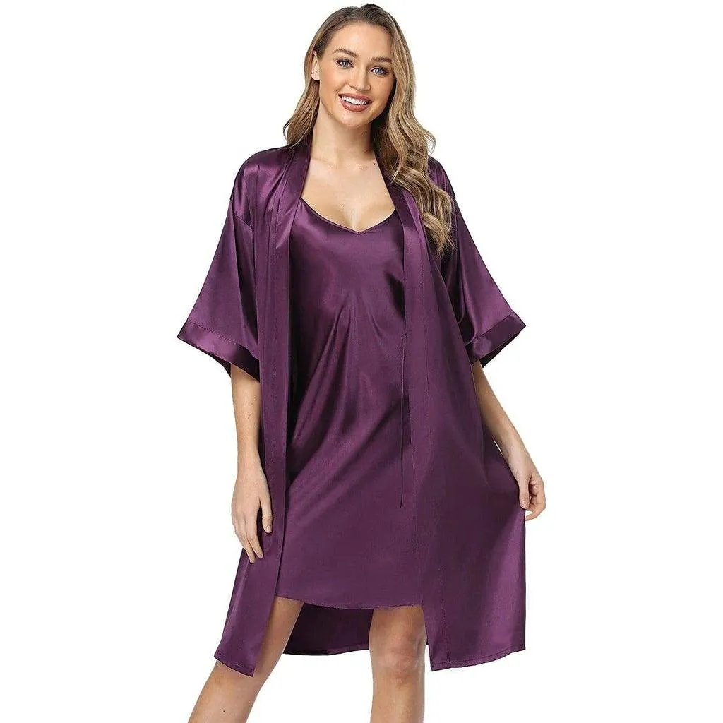 Womens Luxury Solid Silk Nightgown And Robe Set Half Sleeves 100%  Silk Sleepwear Bathrobe With Nightgown