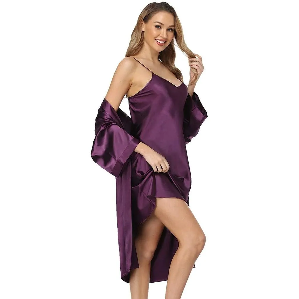 Womens Luxury Solid Silk Nightgown And Robe Set Half Sleeves 100%  Silk Sleepwear Bathrobe With Nightgown