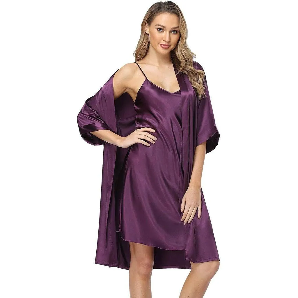 Womens Luxury Solid Silk Nightgown And Robe Set Half Sleeves 100%  Silk Sleepwear Bathrobe With Nightgown