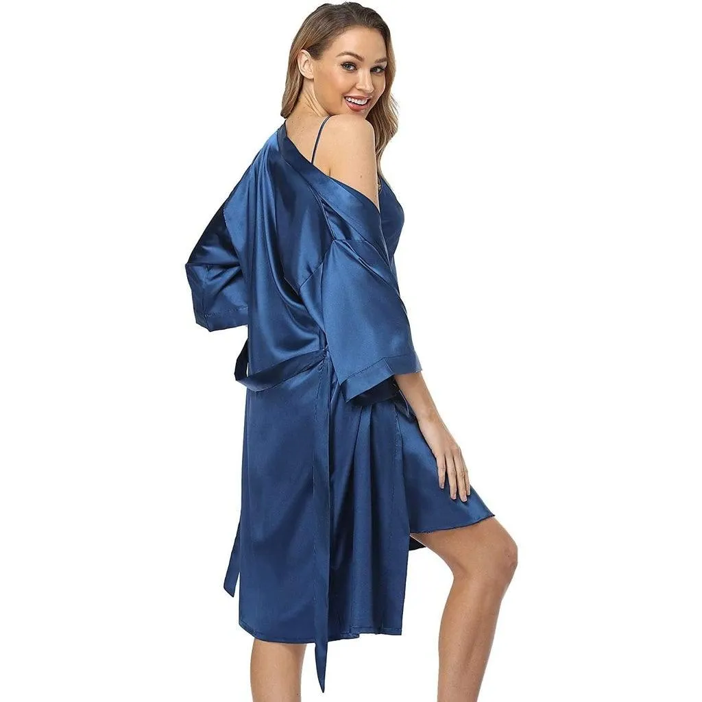 Womens Luxury Solid Silk Nightgown And Robe Set Half Sleeves 100%  Silk Sleepwear Bathrobe With Nightgown