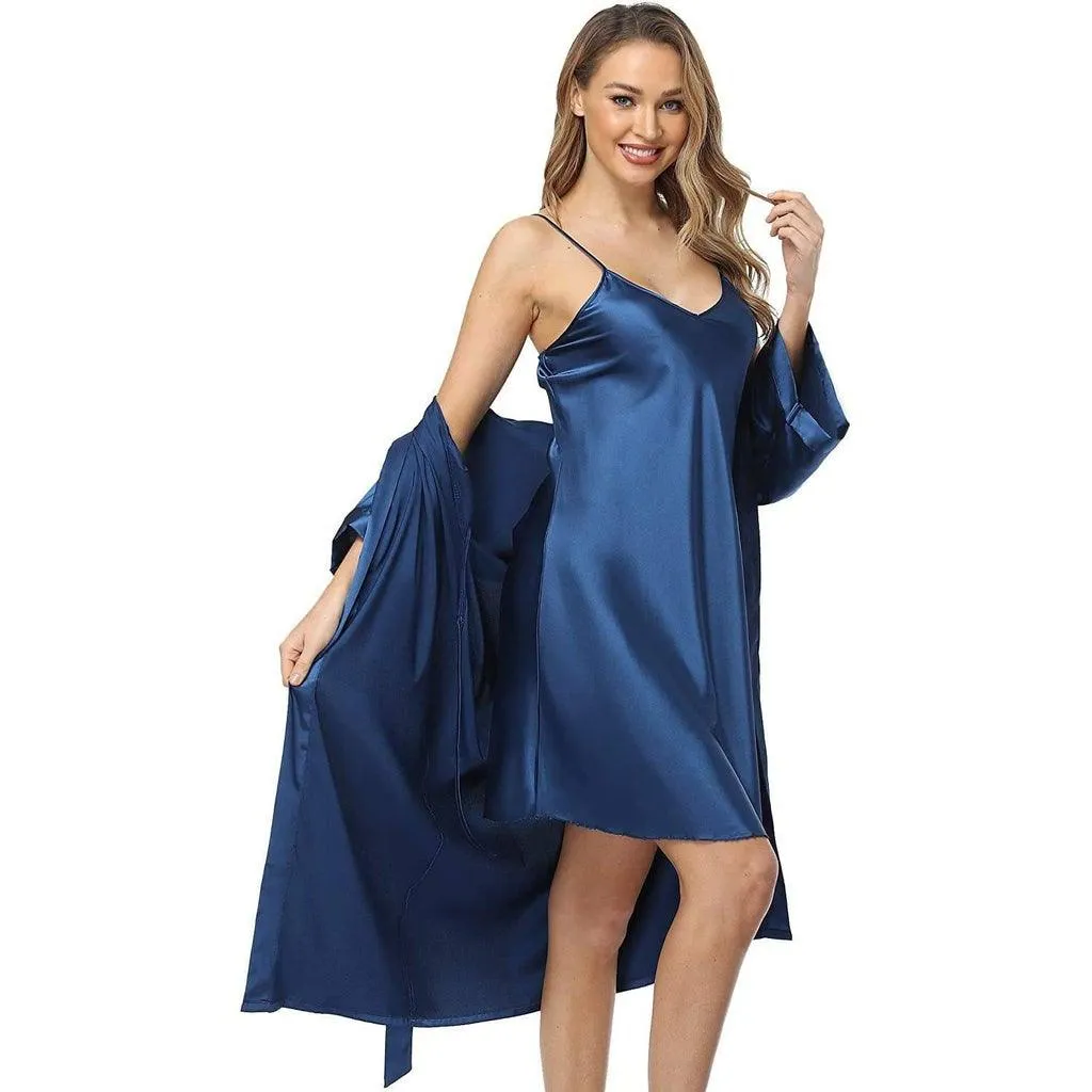 Womens Luxury Solid Silk Nightgown And Robe Set Half Sleeves 100%  Silk Sleepwear Bathrobe With Nightgown
