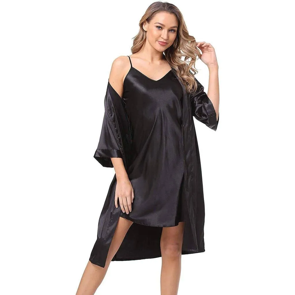 Womens Luxury Solid Silk Nightgown And Robe Set Half Sleeves 100%  Silk Sleepwear Bathrobe With Nightgown