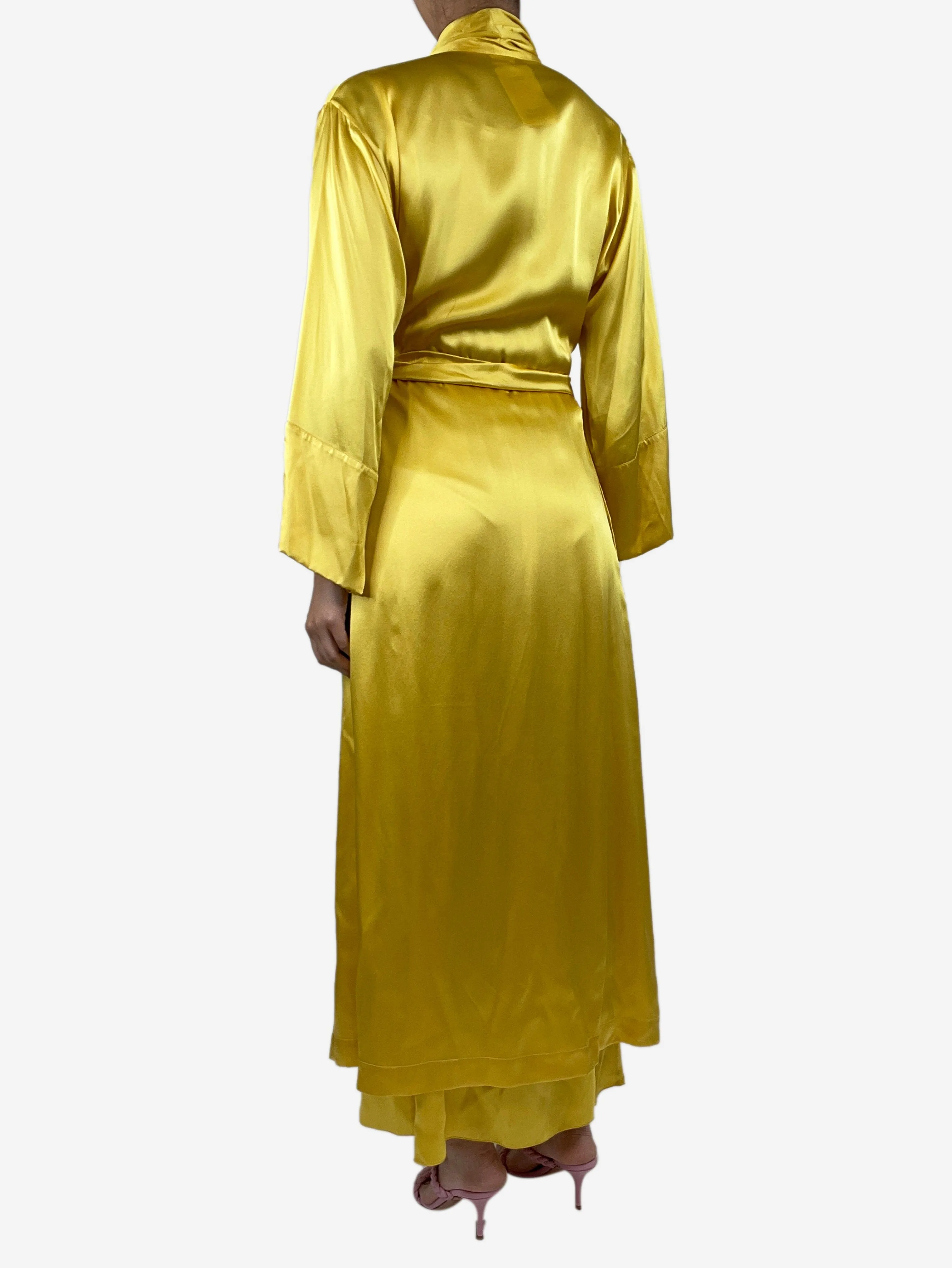 Yellow silk lace-trimmed maxi dress and robe set - size M